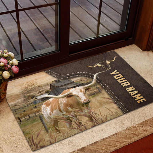 Farm House Door Mat, Texas Longhorn Custom Name Leather Pattern Doormat, Custom Welcome Mats