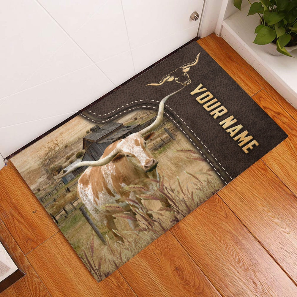 Farm House Door Mat, Texas Longhorn Custom Name Leather Pattern Doormat, Custom Welcome Mats