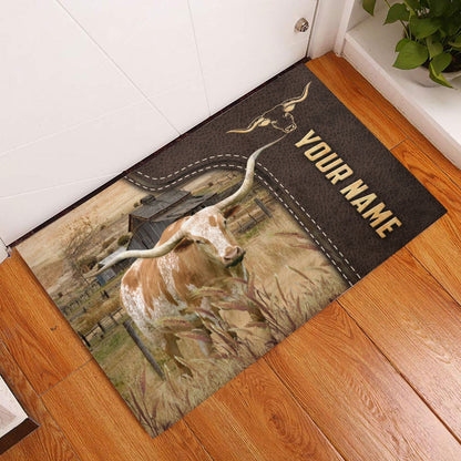 Farm House Door Mat, Texas Longhorn Custom Name Leather Pattern Doormat, Custom Welcome Mats