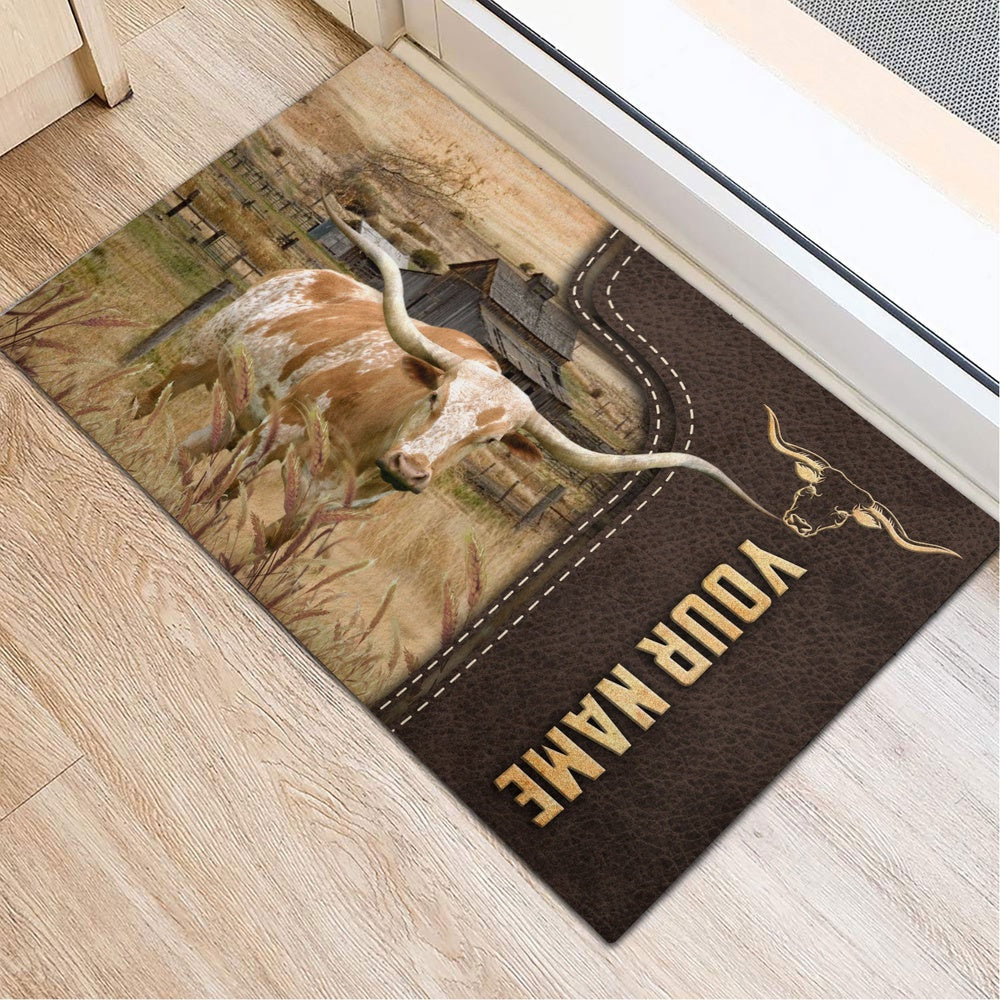 Farm House Door Mat, Texas Longhorn Custom Name Leather Pattern Doormat, Custom Welcome Mats