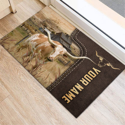 Farm House Door Mat, Texas Longhorn Custom Name Leather Pattern Doormat, Custom Welcome Mats