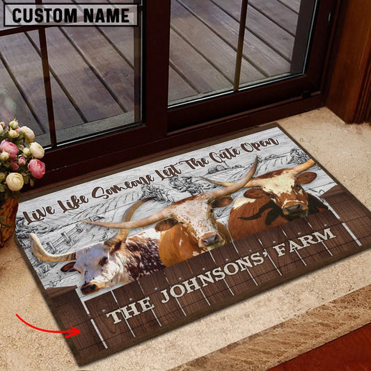 Farm House Door Mat, Texas Longhorn Custom Name Live Like Someone Left The Gate Open Doormat, Custom Welcome Mats