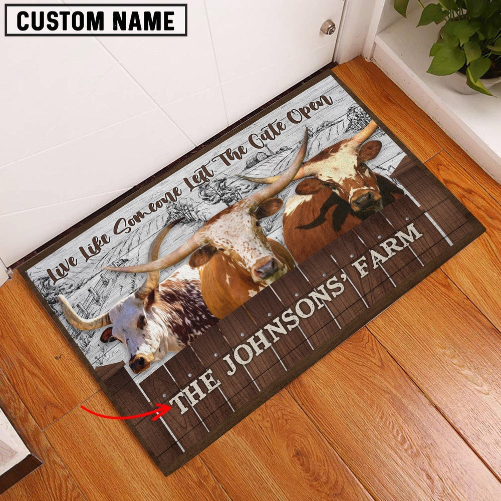 Farm House Door Mat, Texas Longhorn Custom Name Live Like Someone Left The Gate Open Doormat, Custom Welcome Mats