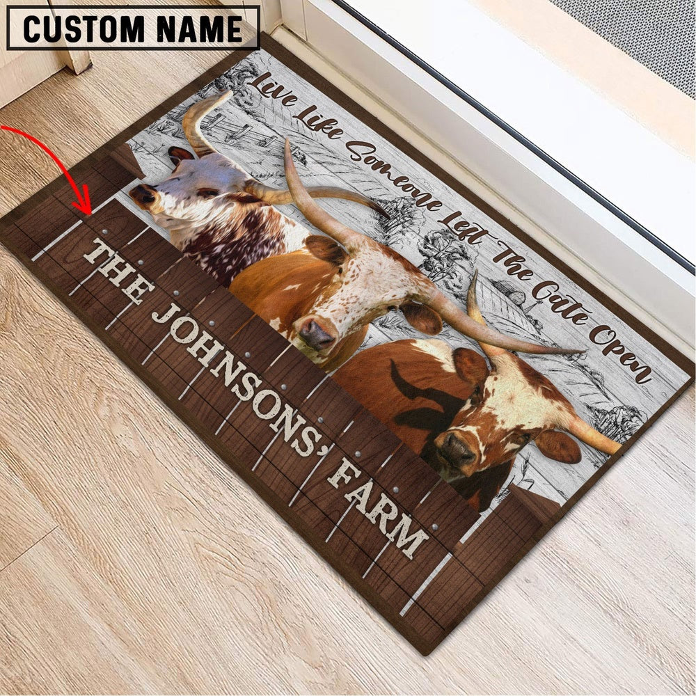 Farm House Door Mat, Texas Longhorn Custom Name Live Like Someone Left The Gate Open Doormat, Custom Welcome Mats
