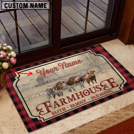 Farm House Door Mat, Texas Longhorn Faith Family Farming Custom Name Doormat, Custom Welcome Mats