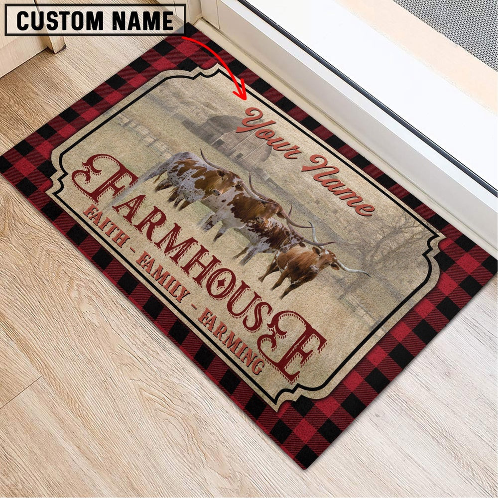 Farm House Door Mat, Texas Longhorn Faith Family Farming Custom Name Doormat, Custom Welcome Mats