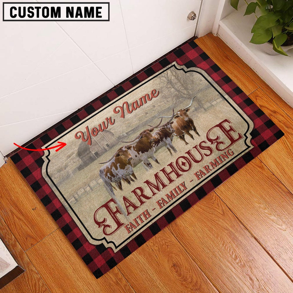 Farm House Door Mat, Texas Longhorn Faith Family Farming Custom Name Doormat, Custom Welcome Mats