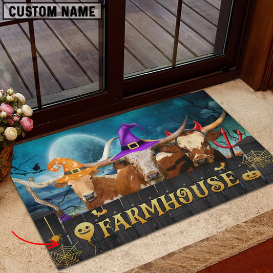Farm House Door Mat, Texas Longhorn Farmhouse Halloween Custom Name Doormat, Custom Welcome Mats
