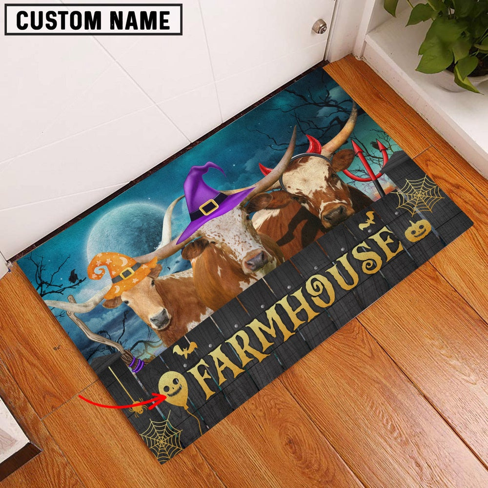 Farm House Door Mat, Texas Longhorn Farmhouse Halloween Custom Name Doormat, Custom Welcome Mats