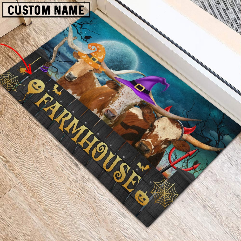 Farm House Door Mat, Texas Longhorn Farmhouse Halloween Custom Name Doormat, Custom Welcome Mats