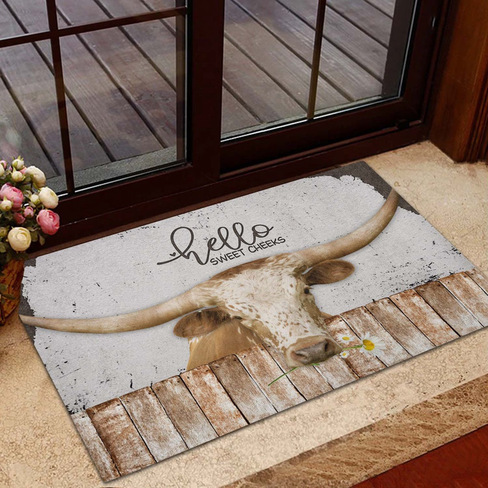 Farm House Door Mat, Texas Longhorn Hello Sweet Checks Doormat, Custom Welcome Mats
