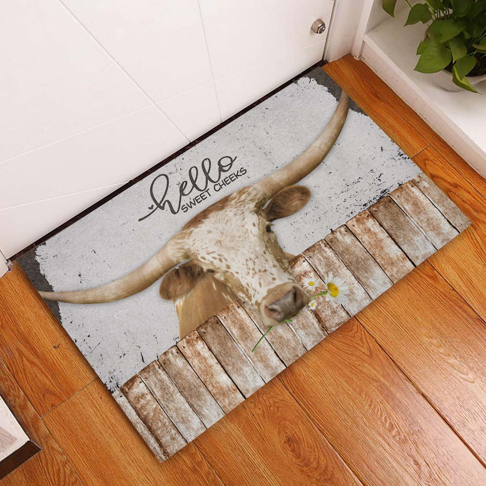 Farm House Door Mat, Texas Longhorn Hello Sweet Checks Doormat, Custom Welcome Mats