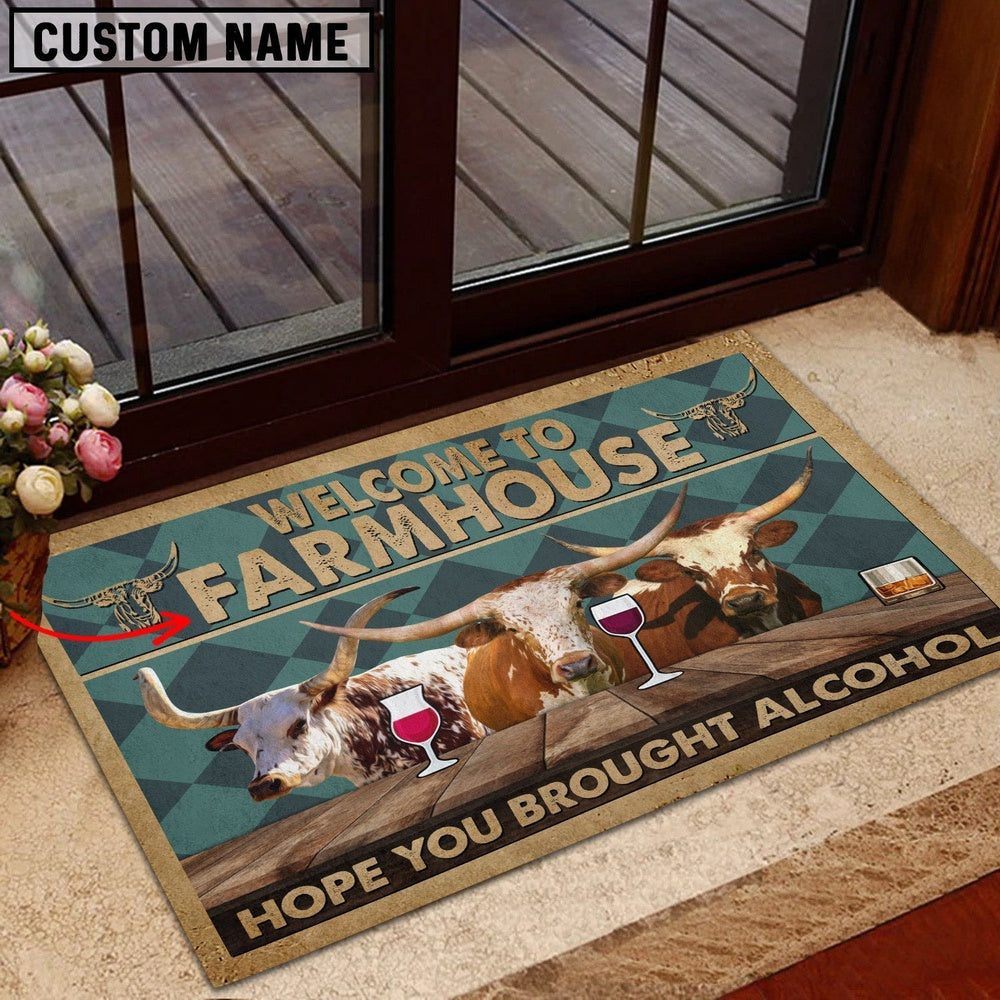 Farm House Door Mat, Texas Longhorn Hope You Bought Alcohol Custom Name Doormat, Custom Welcome Mats
