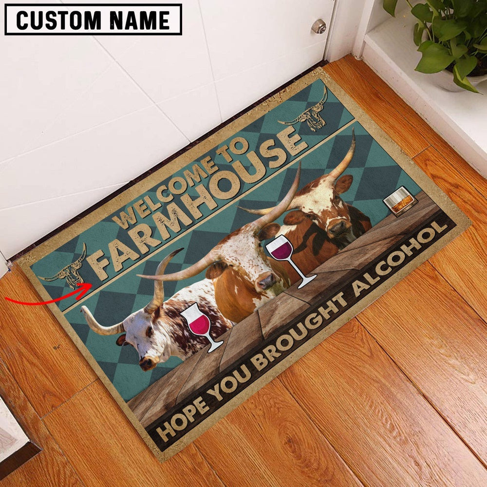 Farm House Door Mat, Texas Longhorn Hope You Bought Alcohol Custom Name Doormat, Custom Welcome Mats