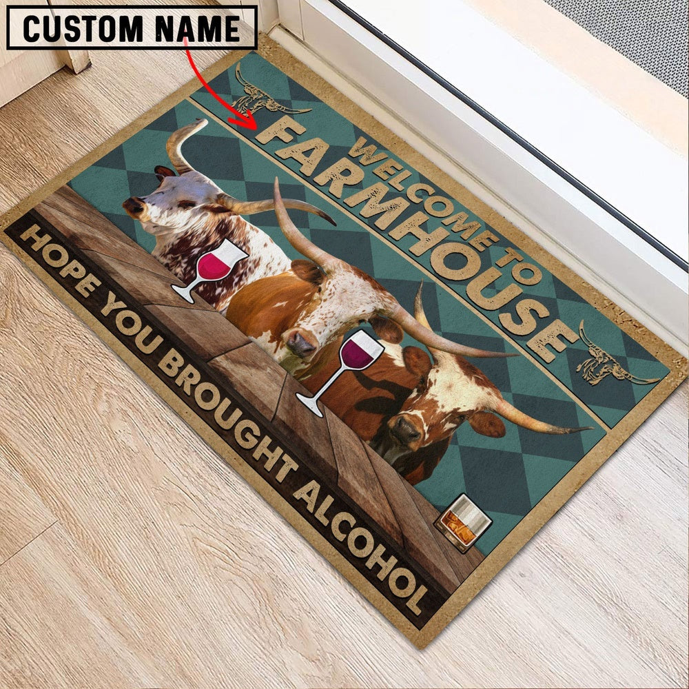 Farm House Door Mat, Texas Longhorn Hope You Bought Alcohol Custom Name Doormat, Custom Welcome Mats