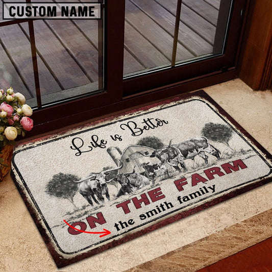 Farm House Door Mat, Texas Longhorn Life is Better Custom Name Doormat, Custom Welcome Mats