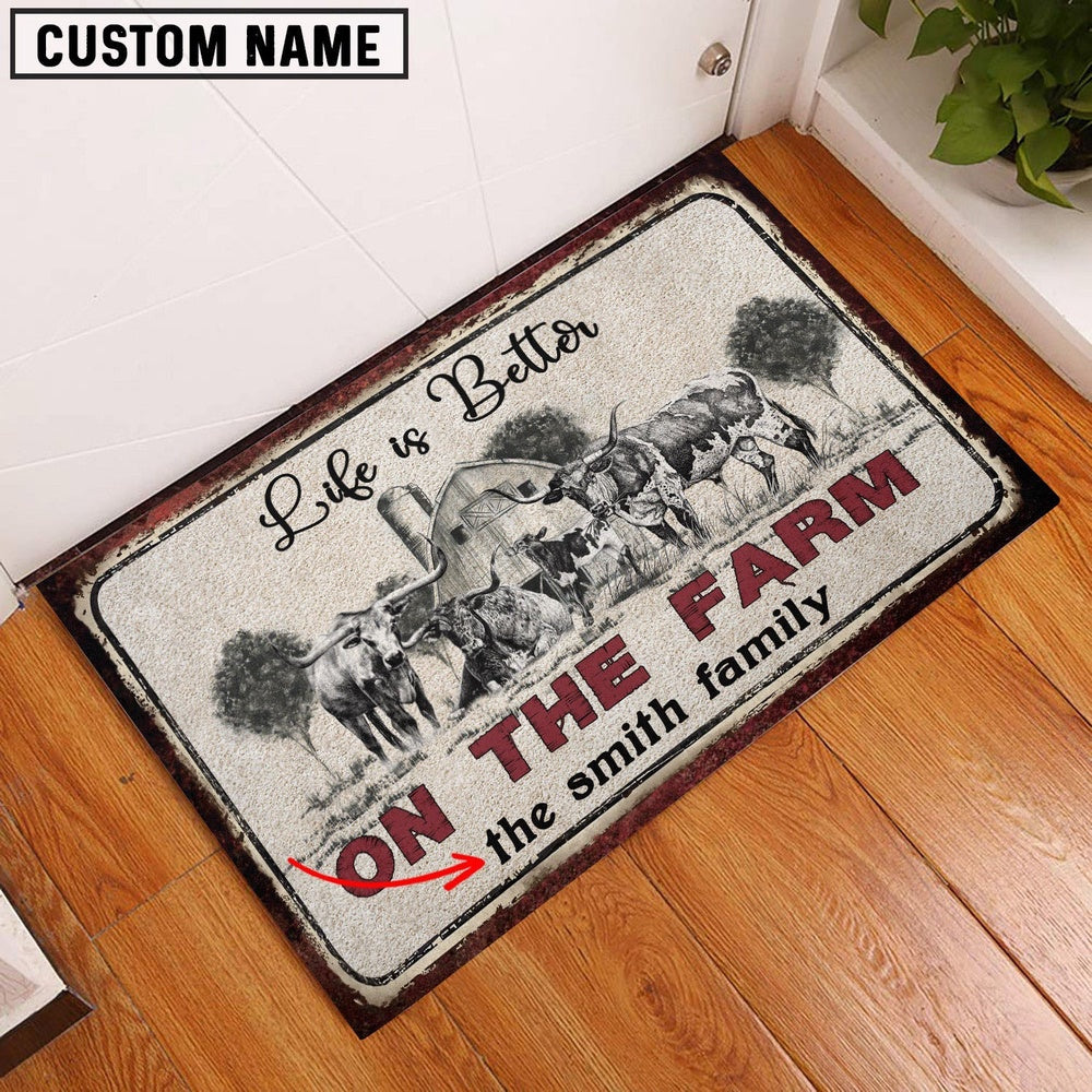 Farm House Door Mat, Texas Longhorn Life is Better Custom Name Doormat, Custom Welcome Mats