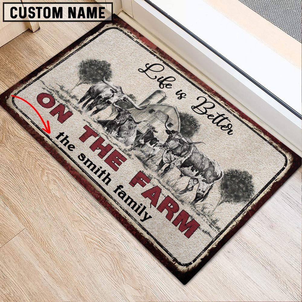Farm House Door Mat, Texas Longhorn Life is Better Custom Name Doormat, Custom Welcome Mats