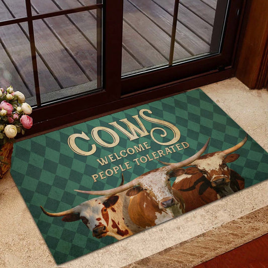 Farm House Door Mat, Texas Longhorn Welcome People Tolerated Doormat, Custom Welcome Mats