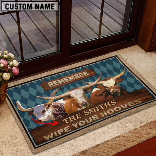 Farm House Door Mat, Texas Longhorn Wipe Your Hooves Custom Name Doormat, Custom Welcome Mats