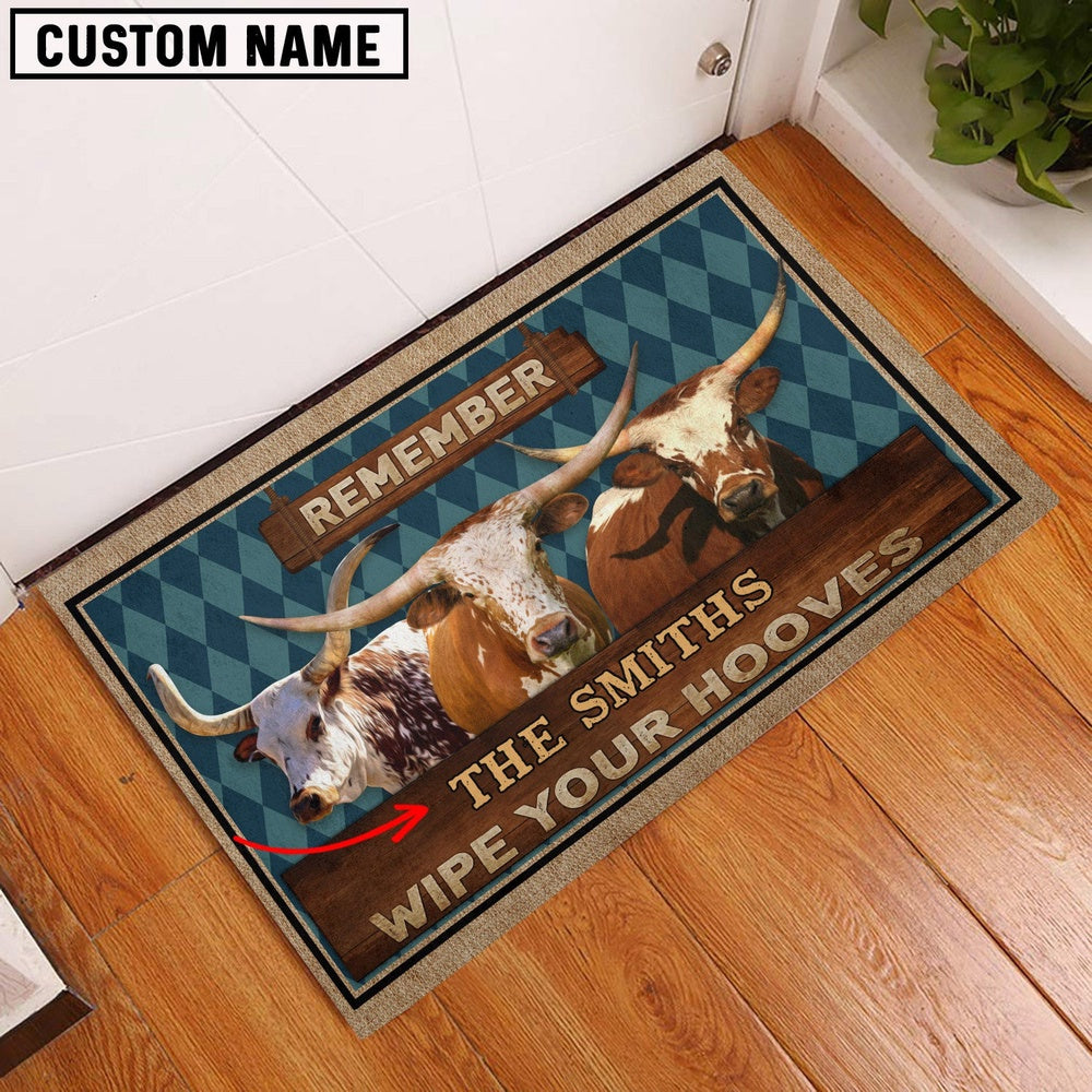 Farm House Door Mat, Texas Longhorn Wipe Your Hooves Custom Name Doormat, Custom Welcome Mats