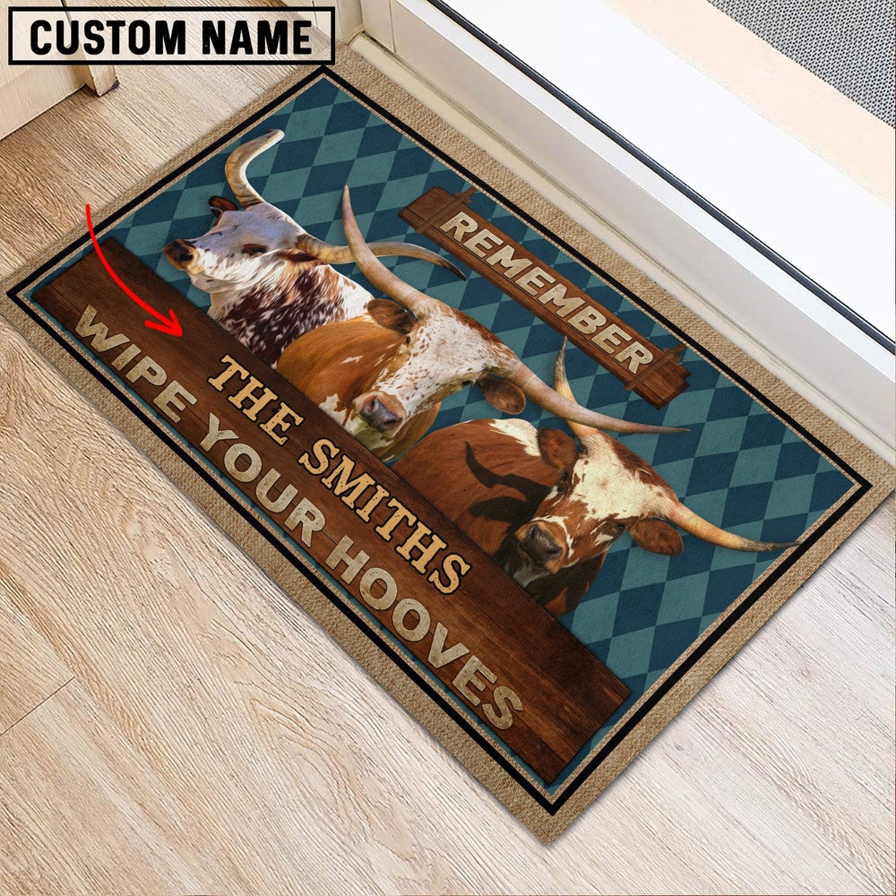 Farm House Door Mat, Texas Longhorn Wipe Your Hooves Custom Name Doormat, Custom Welcome Mats