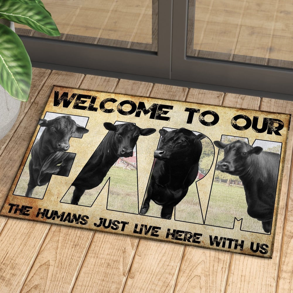 Farm House Door Mat, Welcome To Our Farm Black Angus Doormat, Custom Welcome Mats