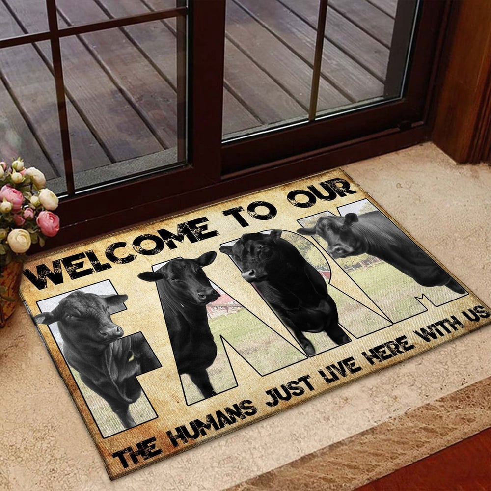 Farm House Door Mat, Welcome To Our Farm Black Angus Doormat, Custom Welcome Mats