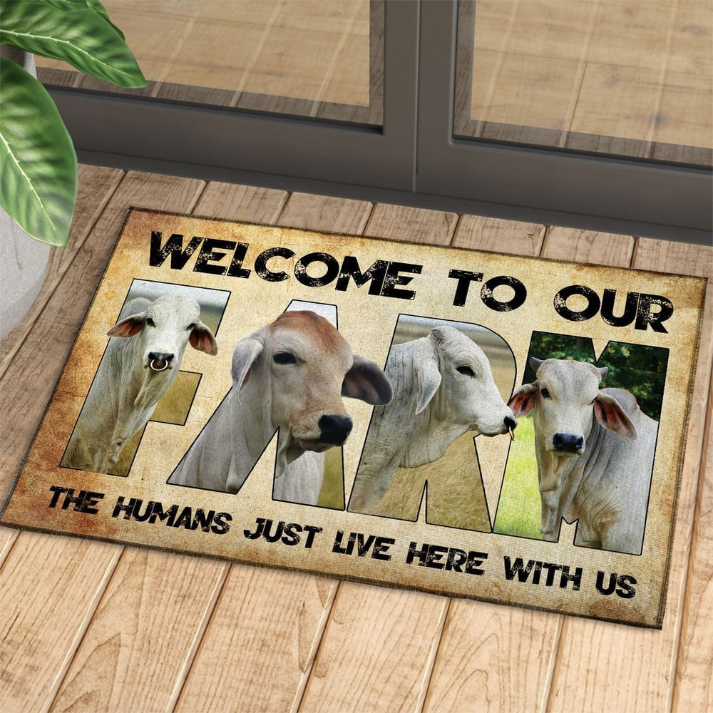 Farm House Door Mat, Welcome To Our Farm Brahman Doormat, Custom Welcome Mats
