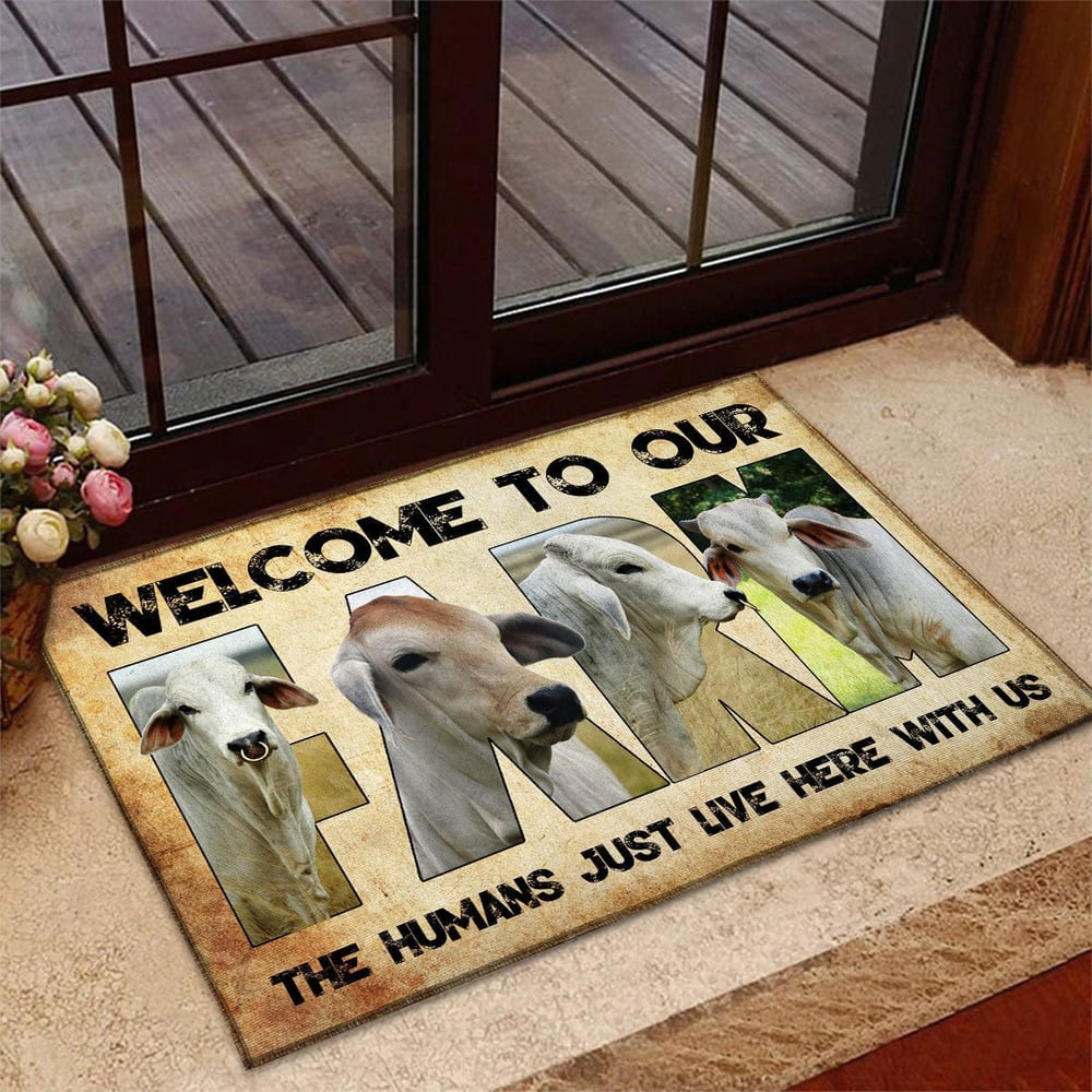 Farm House Door Mat, Welcome To Our Farm Brahman Doormat, Custom Welcome Mats