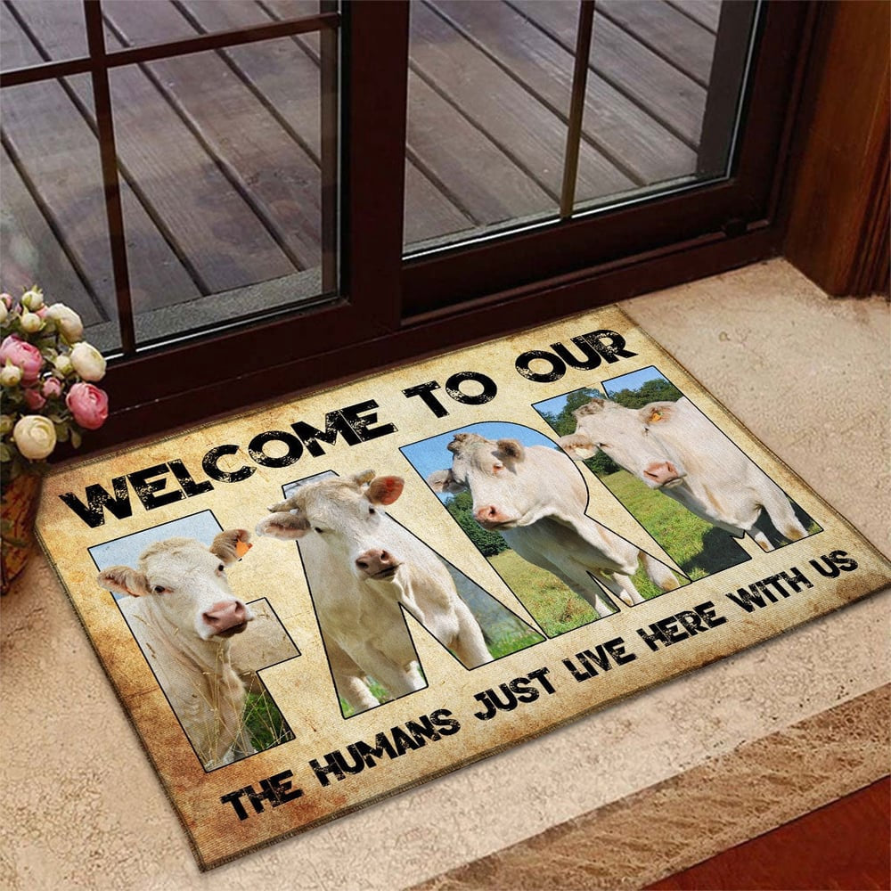 Farm House Door Mat, Welcome To Our Farm Charolais Doormat, Custom Welcome Mats