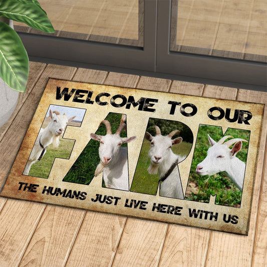 Farm House Door Mat, Welcome To Our Farm Goat Doormat, Custom Welcome Mats