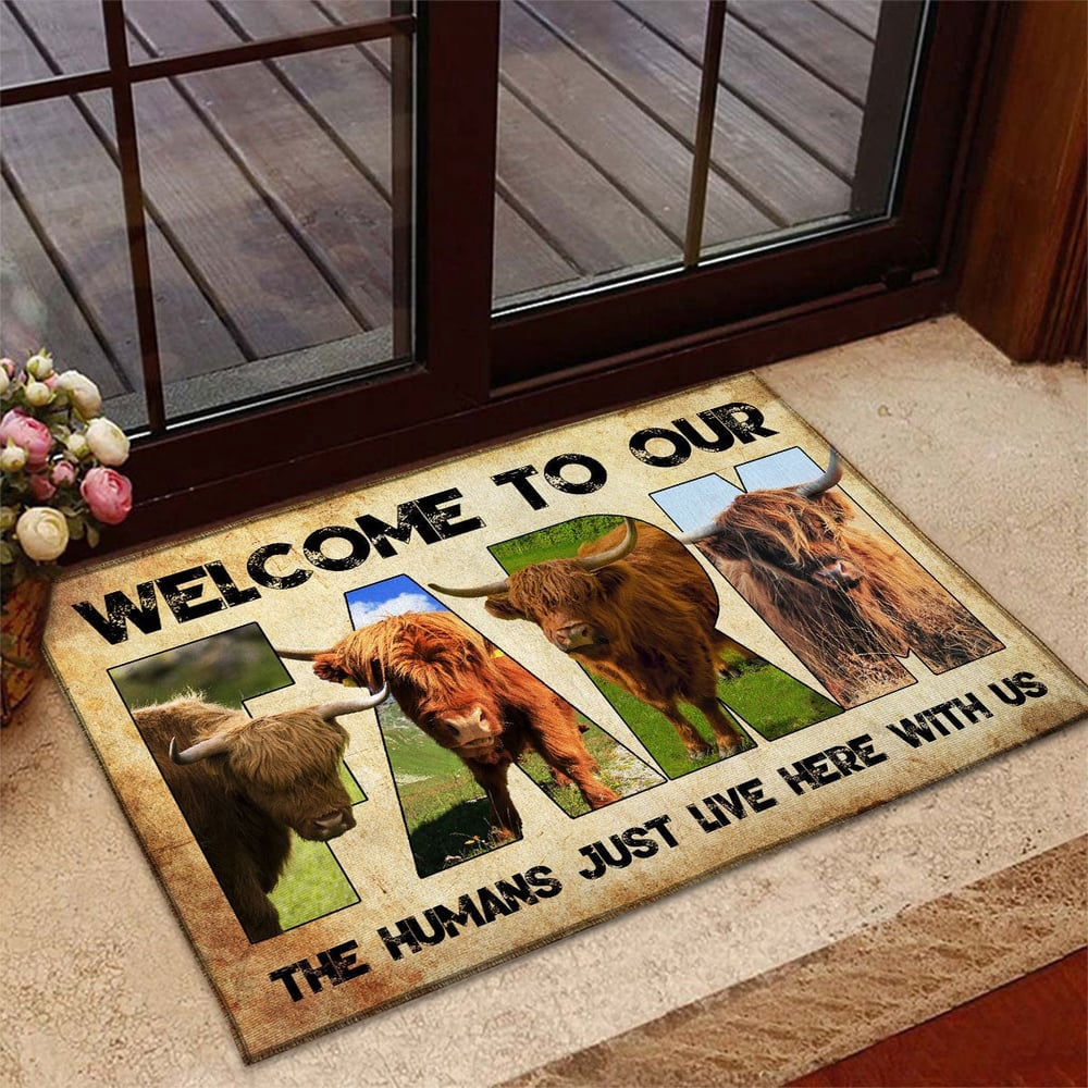 Farm House Door Mat, Welcome To Our Farm Highland Doormat, Custom Welcome Mats