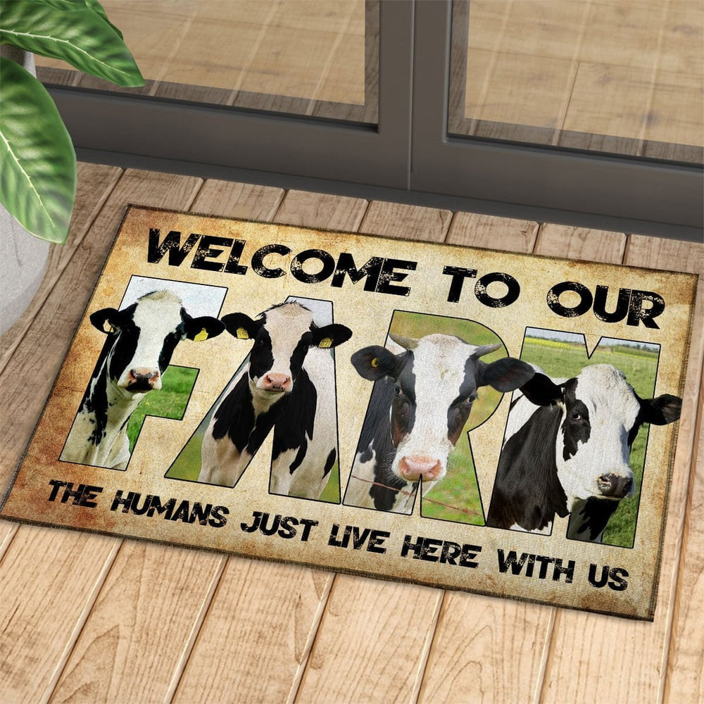 Farm House Door Mat, Welcome To Our Farm Holstein Friesian Doormat, Custom Welcome Mats