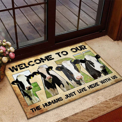 Farm House Door Mat, Welcome To Our Farm Holstein Friesian Doormat, Custom Welcome Mats
