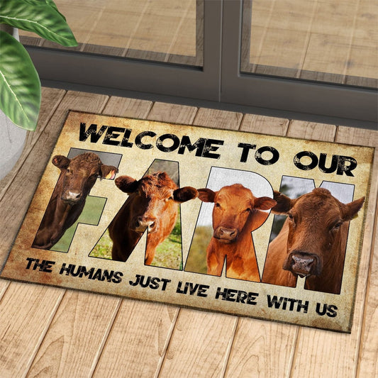 Farm House Door Mat, Welcome To Our Farm Red Angus Doormat, Custom Welcome Mats