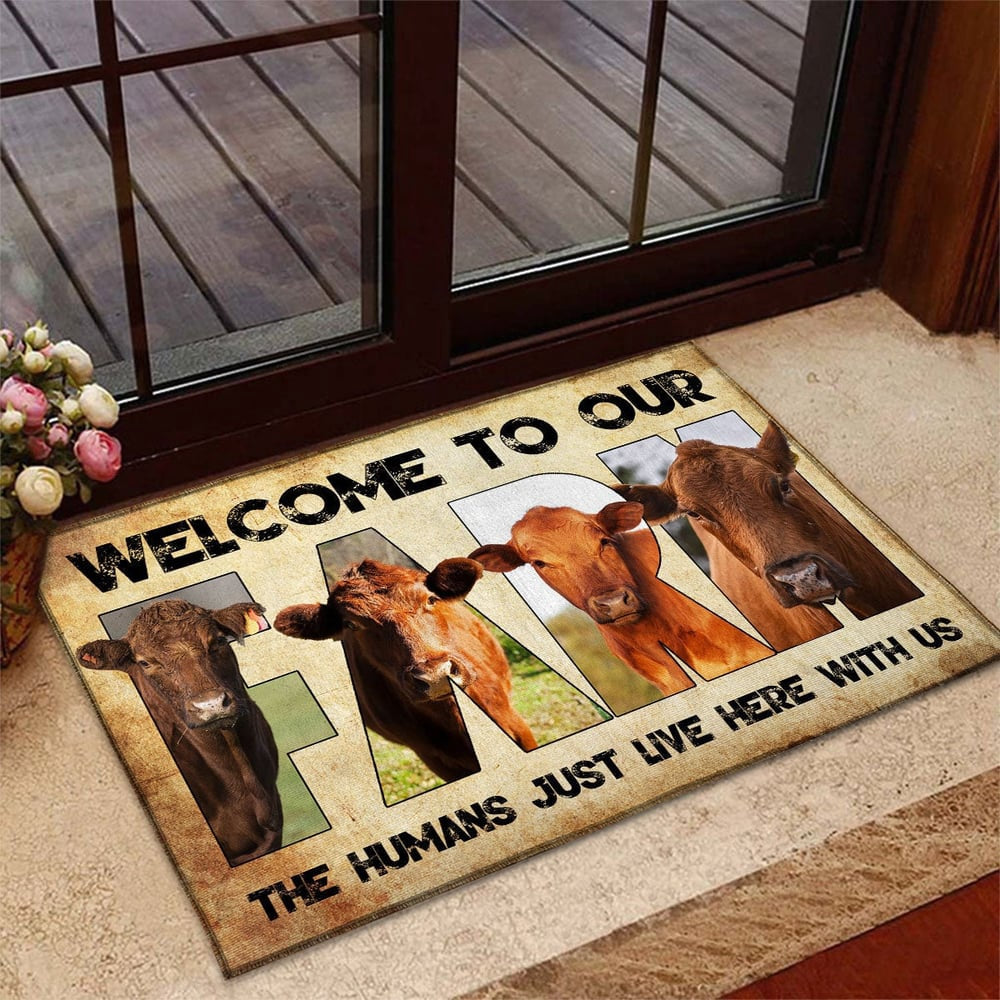 Farm House Door Mat, Welcome To Our Farm Red Angus Doormat, Custom Welcome Mats
