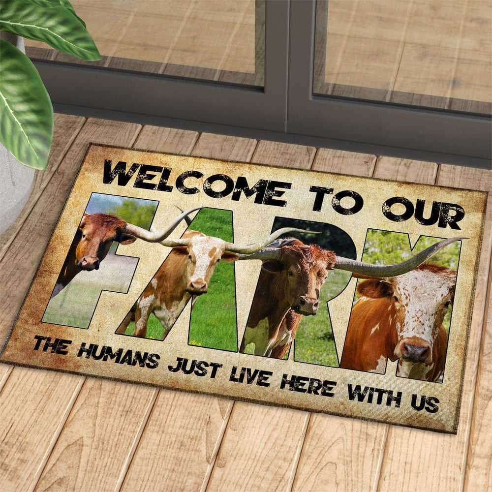 Farm House Door Mat, Welcome To Our Farm TX Longhorn Doormat, Custom Welcome Mats