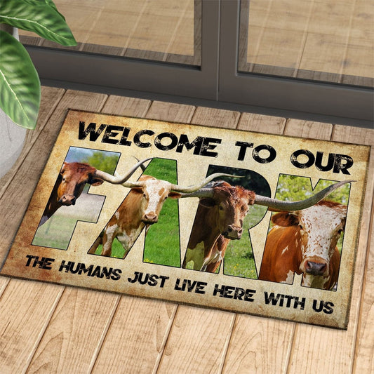 Farm House Door Mat, Welcome To Our Farm TX Longhorn Doormat, Custom Welcome Mats