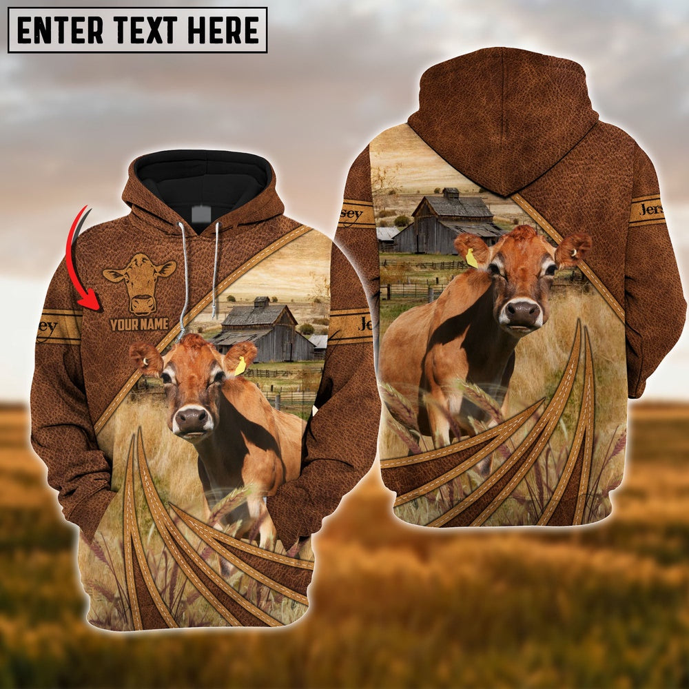 Farm Jersey Cattle Leather Pattern 3D Custom Name Printed Shirts, Farmer Hoodie, Custom Farm Shirts, Farmer T Shirt