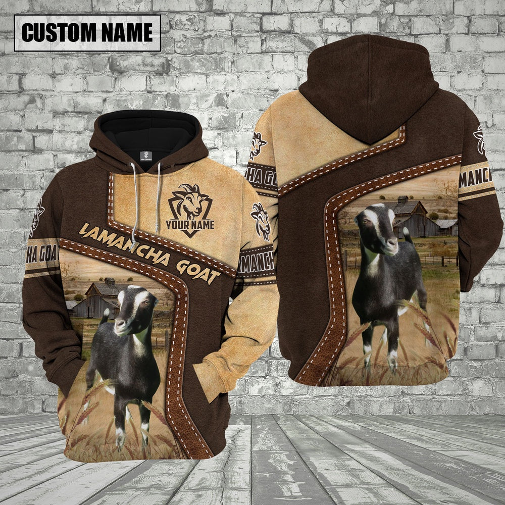 Farm LaMancha Goat Brown Leather Pattern Custom Name 3D Shirts, Farmer Hoodie, Custom Farm Shirts, Farmer T Shirt