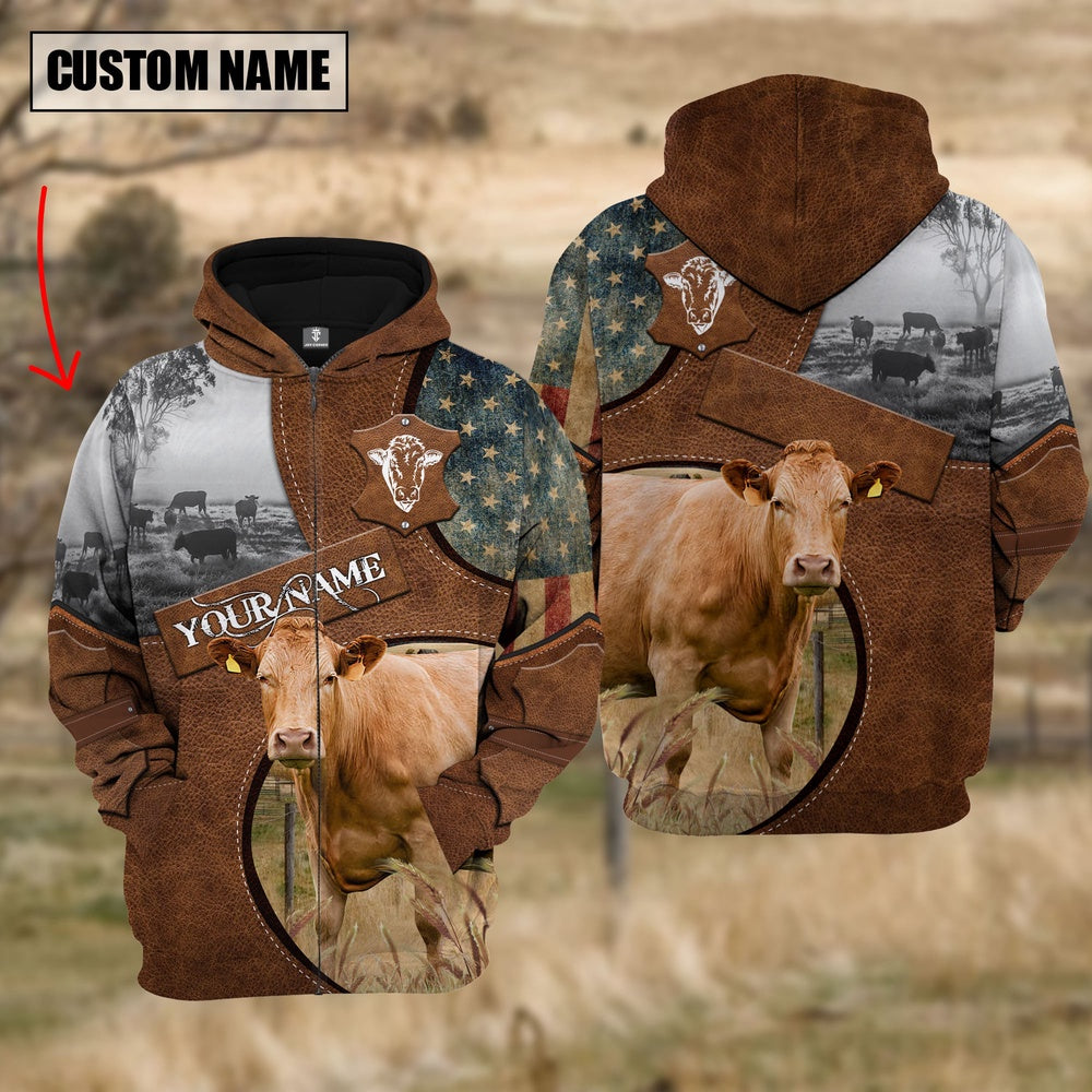 Farm Limousin American Leather Pattern 3D Custom Name Shirts, Farmer Hoodie, Custom Farm Shirts, Farmer T Shirt