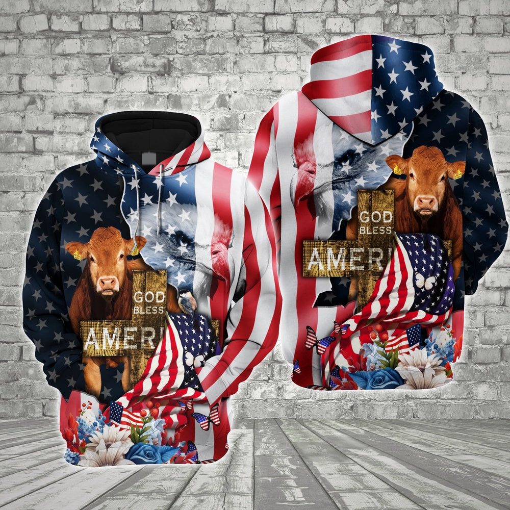 Farm Limousin Cross God Bless America 3D Shirts, Farmer Hoodie, Farm Themed Shirts, Farm Tee Shirts