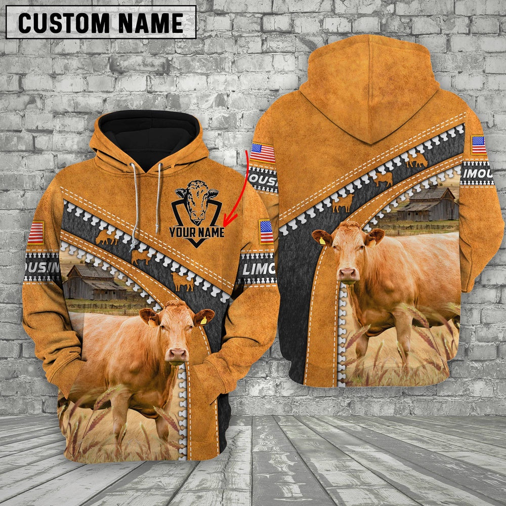 Farm Limousin Leather Zip Pattern Custom Name 3D Shirts, Farmer Hoodie, Custom Farm Shirts, Farmer T Shirt