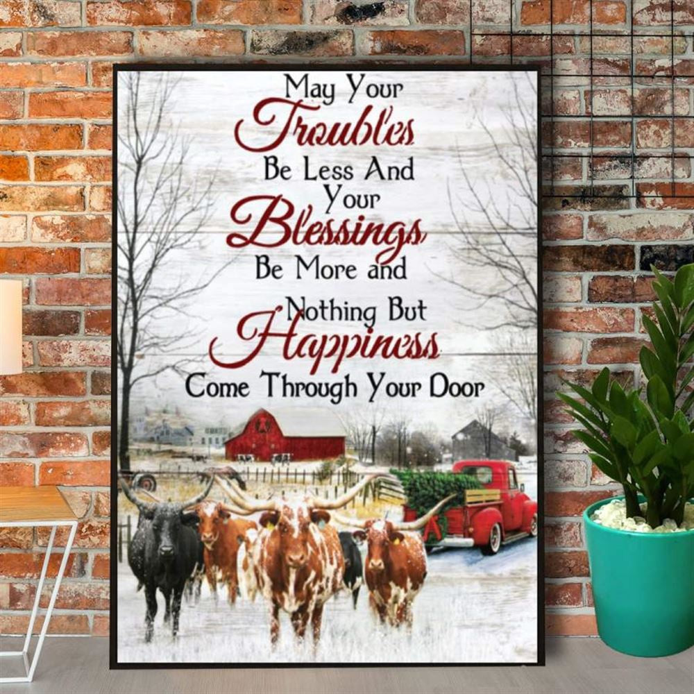 Farm Longhorns Happy Christmas Trouble Blessing Happiness Red Truck Canvas, Farm Canvas, Farm Art Decor