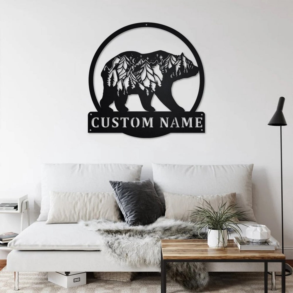 Farm Metal Sign, Bear And Forest Metal Art Personalized Metal Name Sign Decoration for Room Gift for Hunter Dad