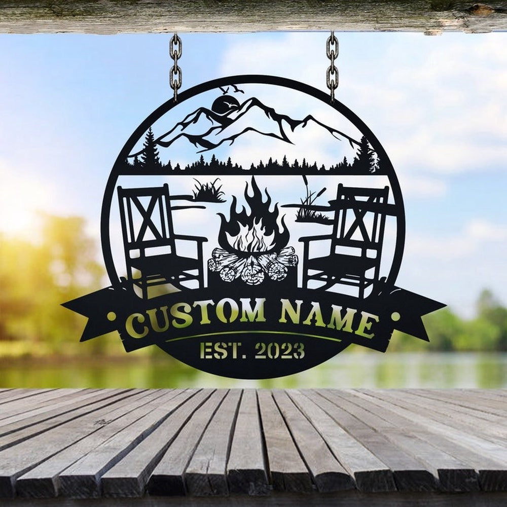 Farm Metal Sign, Campfire Lake House Mountain Lake Scene Couple Chairs Custom Metal Signs