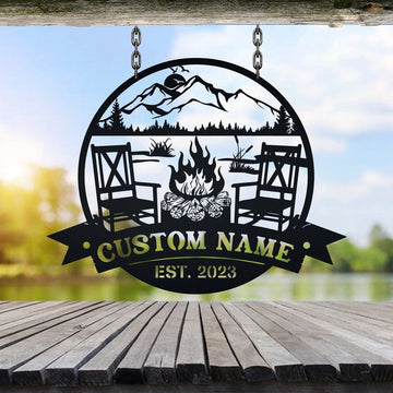 Farm Metal Sign, Campfire Lake House Mountain Lake Scene Couple Chairs Custom Metal Signs