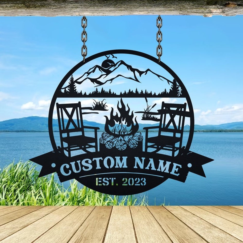 Farm Metal Sign, Campfire Lake House Mountain Lake Scene Couple Chairs Custom Metal Signs