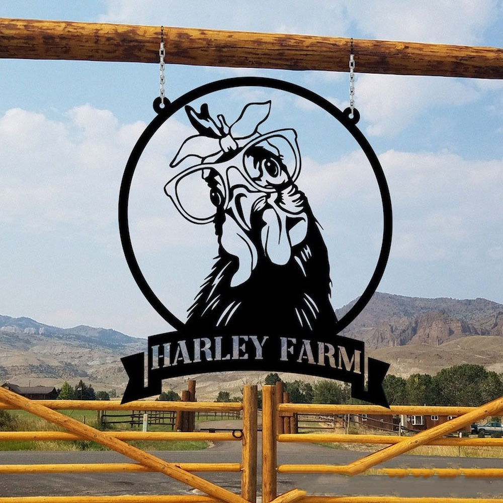 Farm Metal Sign, Chicken with Headband & Glasses Welcome Farm Animals Custom Metal Signs